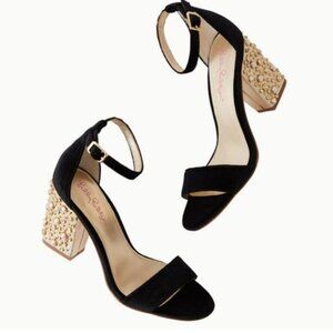 New Lilly Pulitzer Onyx Black Velvet Amber Lynn Heels w/ Pearls Sandals 7.5M